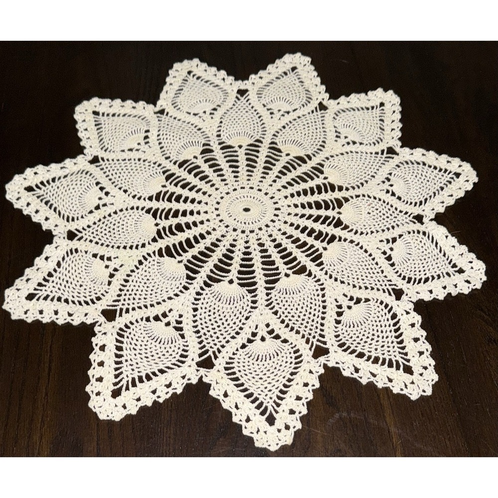 Vintage Fine Crochet Lace Centerpiece Doily Pineapple White Handmade 15.5"